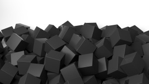 3D black cubes pile, isolated on white with copy-space